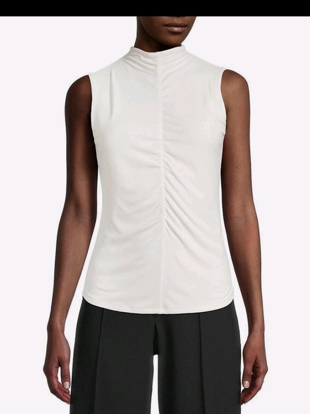 Elie Tahari White Sleeveless Mock Neck Tank with Center Ruching